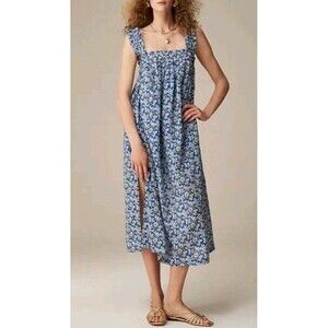 J. Crew Cotton Voile Ruffle Trim Shift Dress Cobalt Blue White Floral Size M